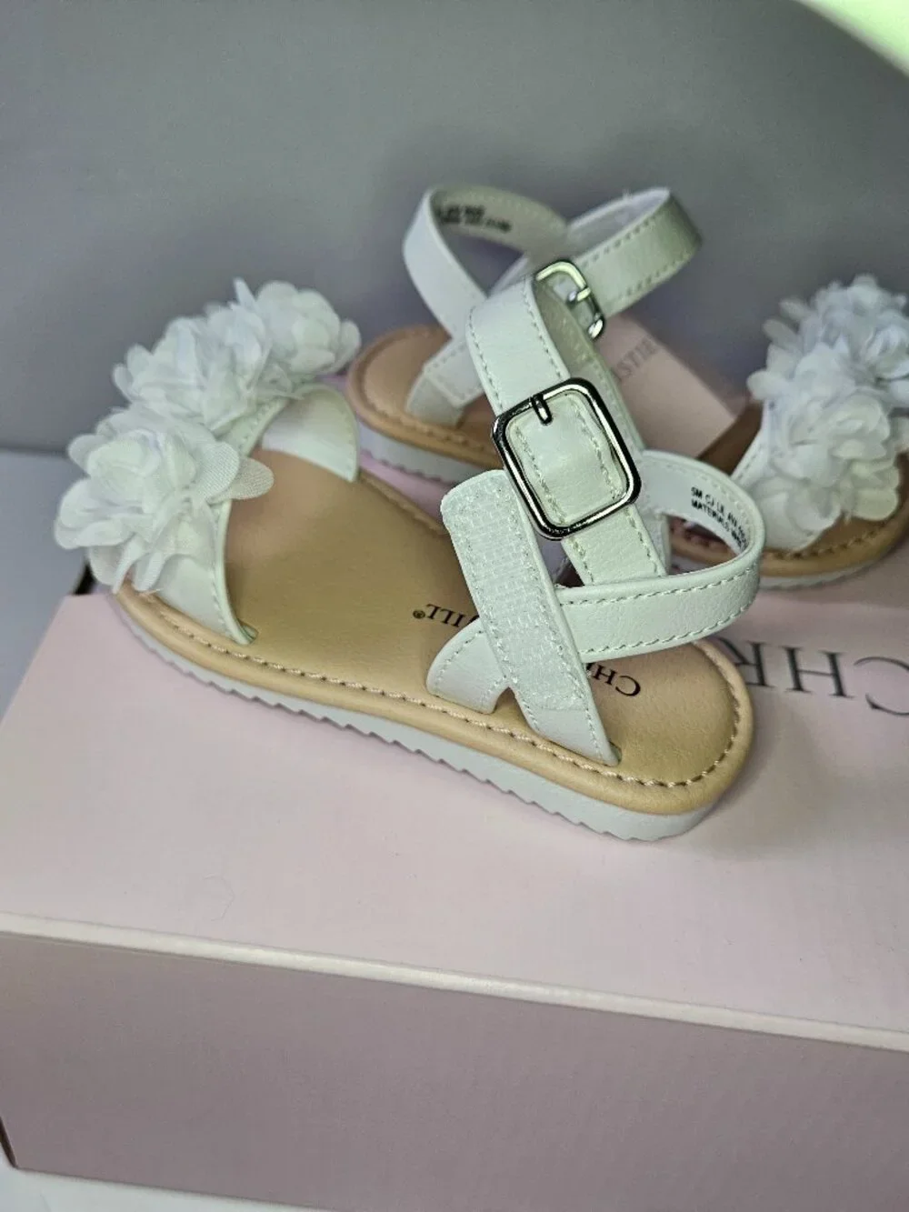 Christie & Jill White Floral Girls Ankle Strap Flat Sandals Toddler Size 5